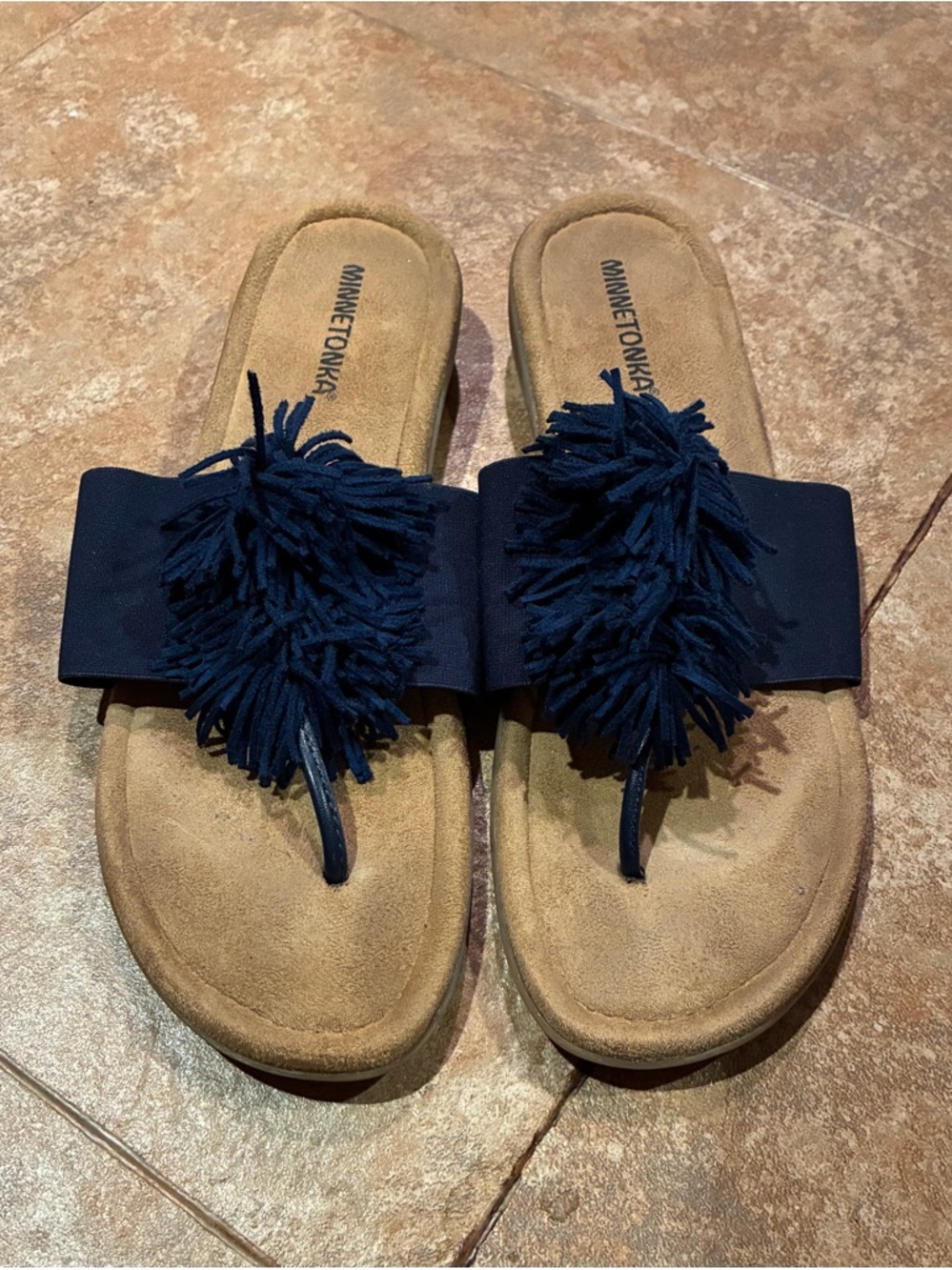 Minnetonka Navy FringeToe-Post Slide Sandals